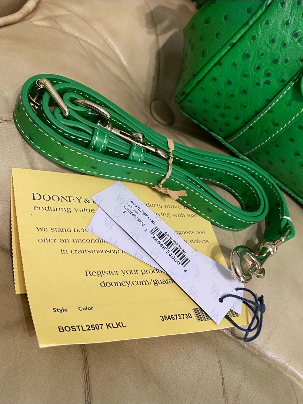 NEW Dooney & Bourke Kelly Green Pocket Satchel Ostrich Embossed Leather Tassel - Picture 12 of 15